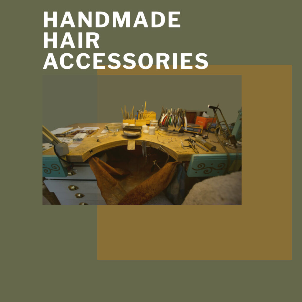 Image of a busy work desk with the caption  Handmade Hair Accessories as an example of one of the craft business ideas in the list.