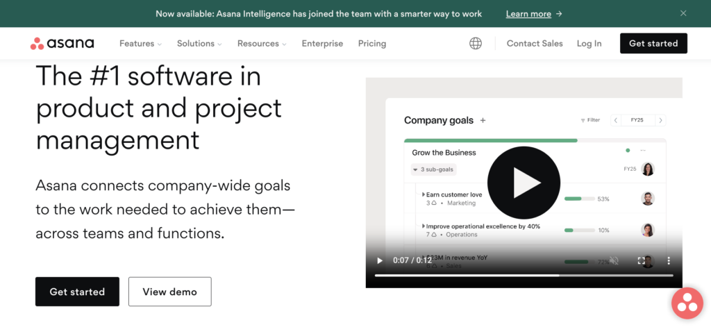 Screenshot of the Asana homepage one of the top 10 solopreneur tools