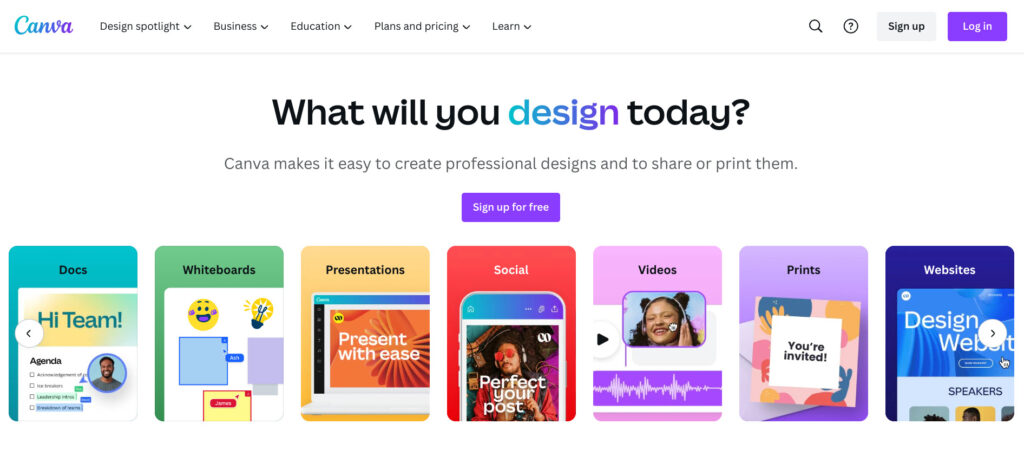 Screenshot of the Canva homepage one of the top 10 solopreneur tools
