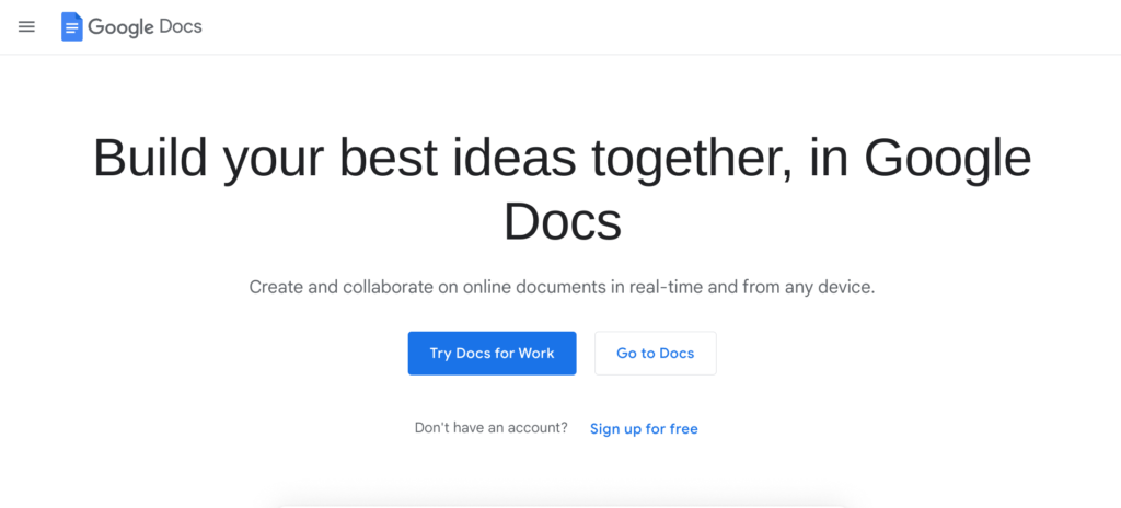 Screenshot of the Google Docs homepage one of the top 10 solopreneur tools
