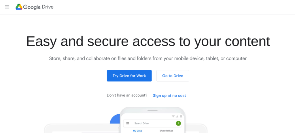 Screenshot of the Google Drive homepage one of the top 10 solopreneur tools