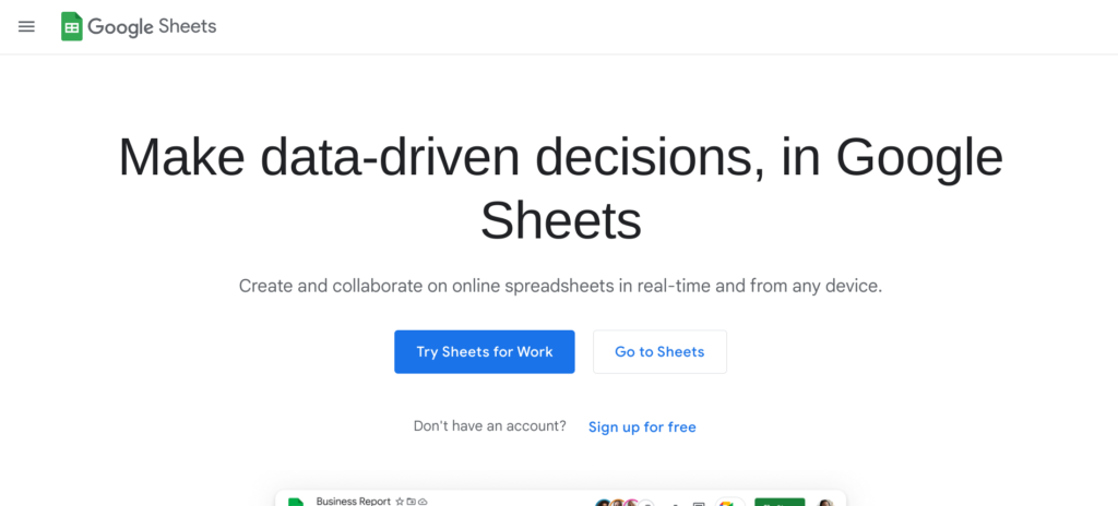 Screenshot of the Google Sheets homepage one of the top 10 solopreneur tools