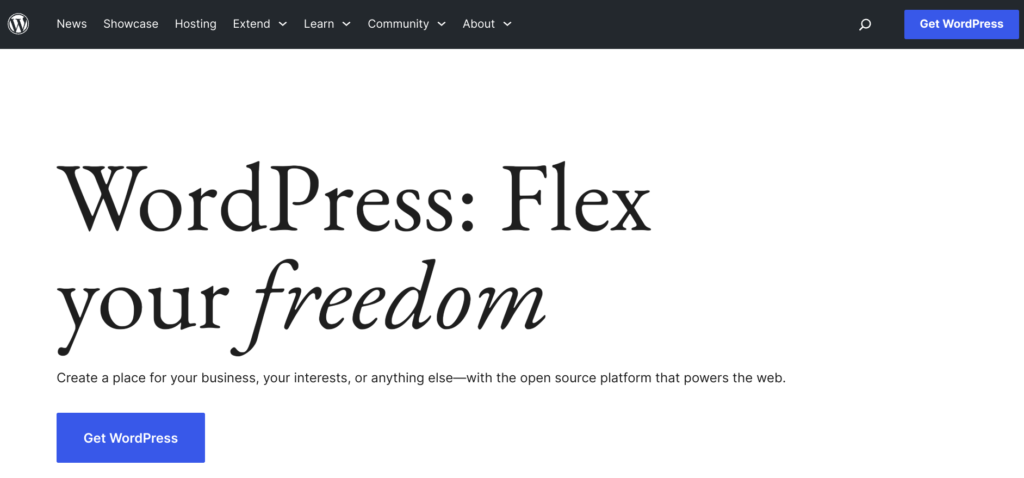 Screenshot of the WordPress homepage one of the top 10 solopreneur tools