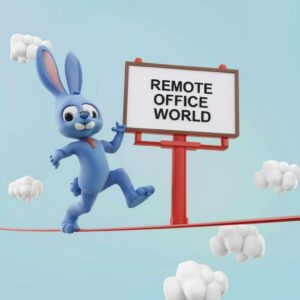 Example of an image created by Ideogram. It's a blue bunny on a tightrope with a billboard displaying the words Remote Office World.