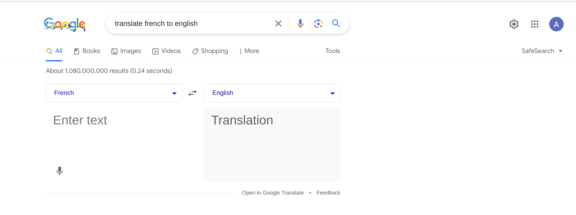 A screenshot of a Google search for French to English translation as an example of translation services number 65 on our list of backyard business ideas