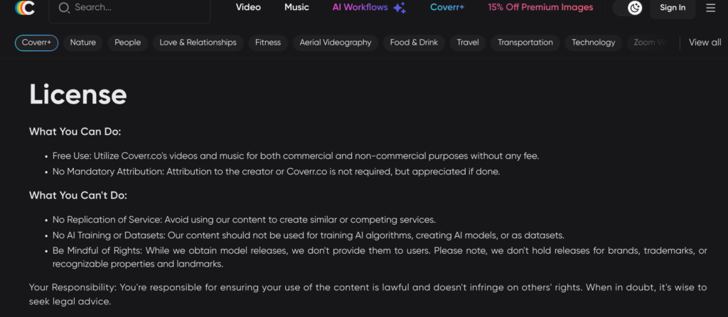 Screenshot of the Coverr license agreement.