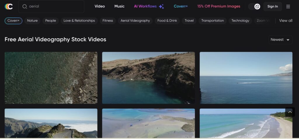 Screenshot of a Coverr search under aerial videography.