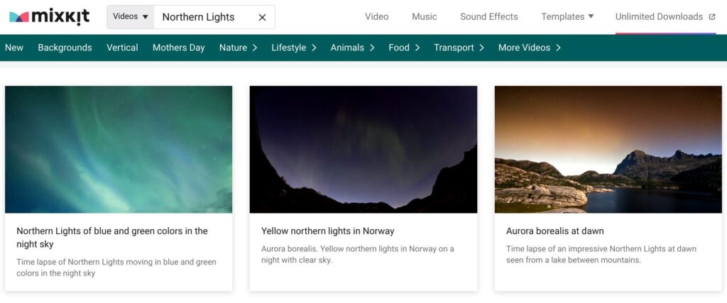 Screenshot of a search on Mixkit for videos of the Northern Lights.
