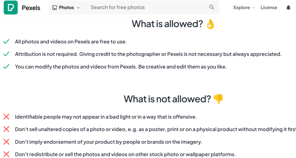Screenshot of the Pexels license agreement.