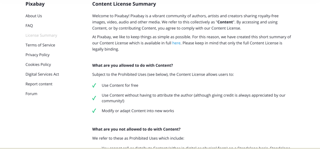Screenshot of the Pixabay license agreement.