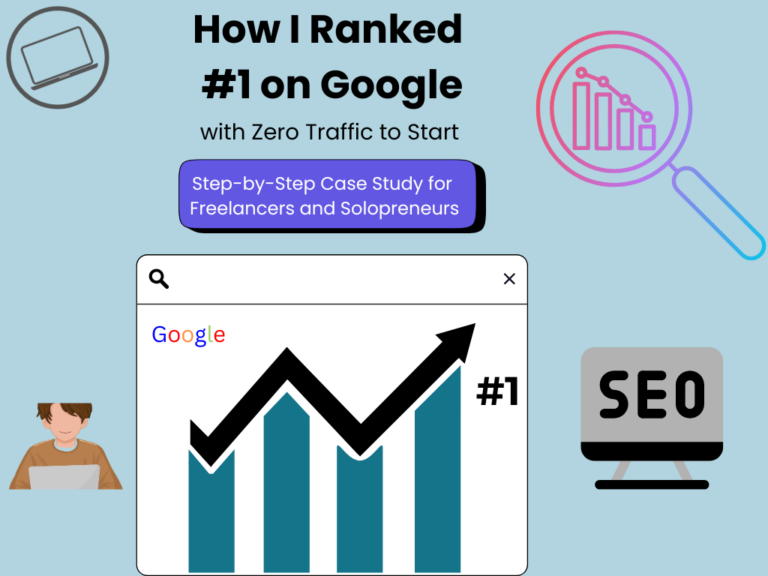 Image graphic depecting how I Ranked #1 on Google with chart, upward treding arrow, search box, man at laptop and the word SEO prominently displayed.