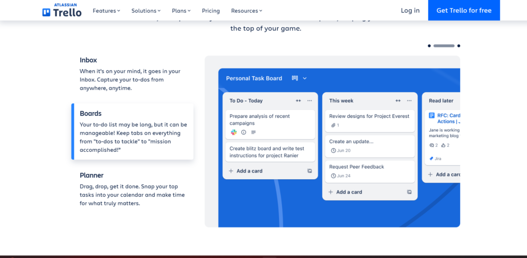 Screenshot of the Trello visual tracker and planner app.