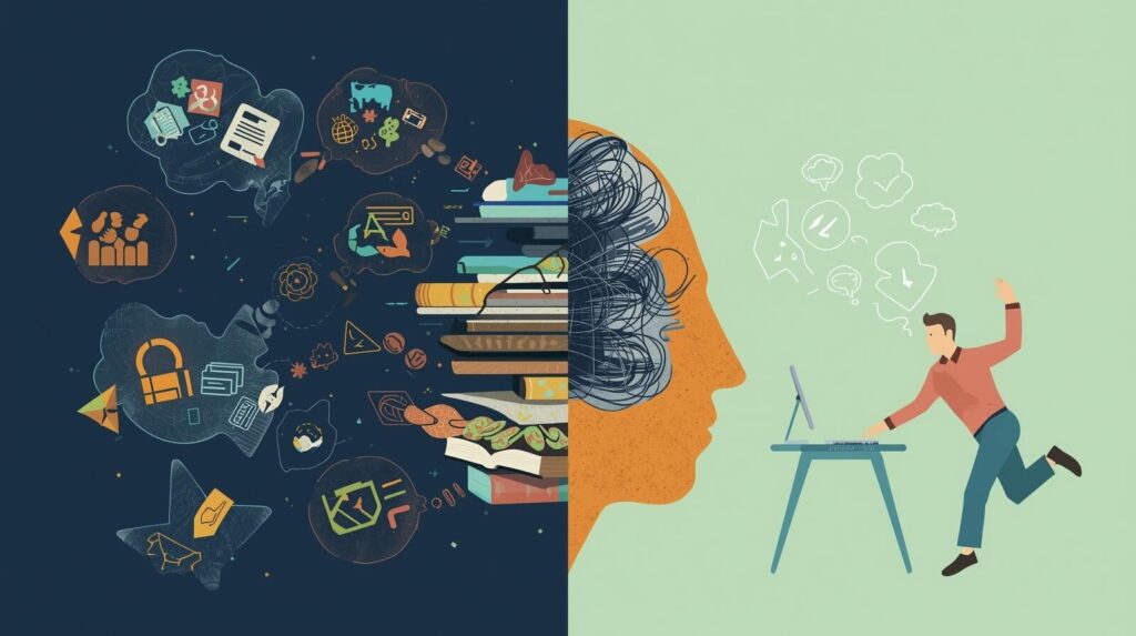 A split image creating a visual representation of the term attention residue. It shows a stream of unrelated thoughts exploding out of a freelancers mind on the one side and a picture of a freelancer standing up at a desk with a computer in a running stance and images of thoughts rolling around in his head on the other. All depicting the effect of attention residue.