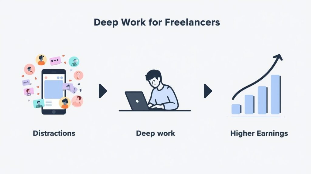 This is the featured image for the post titled : Deep Work for Freelancers: How to Focus Like a Pro and Earn More Money Doing It. I features a celphone surrounded by distractions, pointing to a focused freelancer at a laptop, then another arrow pointing to an upward trending bar graph with the caption Higher Earnings.