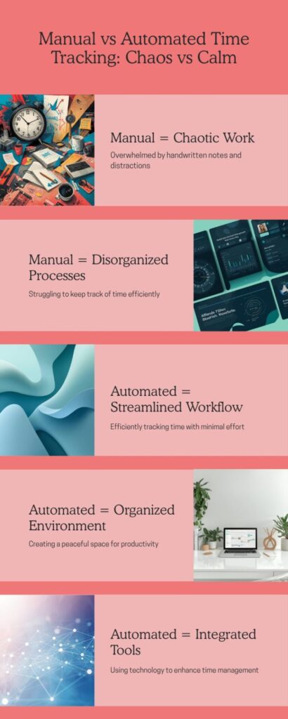 The image features an infographic titled Manual vs Automated Time Tracking: Chaos vs Calm. And touches on five points, Manual=chaotic work, manual=disorganized processes, automated=streamlined workflow, automated=organized environment, and organized=integrated tools.