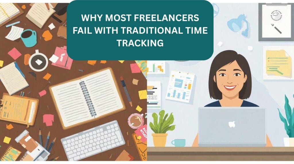 The image is titled Why Most Freelancers Fail With Traditional Time Tracking and it features a messy desk on the left with sticky notes, coffee mugs, clipboards, note pads and a keyboard scattered randomly. On the right is a happy woman at her organized desk, with her laptop in front of her.