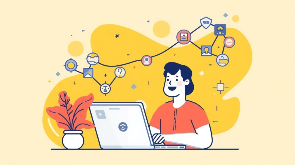 The image symbolizes task management for freelances and the workflow minset that makes it happen. There's a guy working on his laptop with a workflow above his head which is meant to symboloze what's going through his mind.