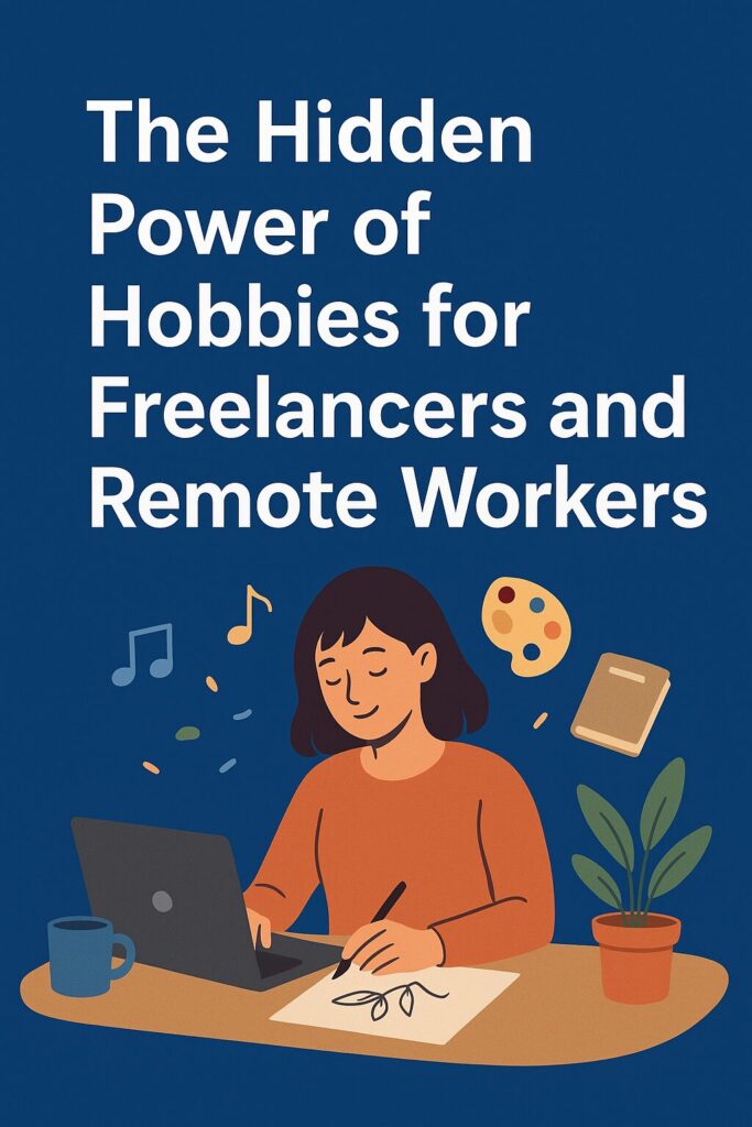 The image shows a representation of the hidden power of hobbies with a woman at a desk working on her hobbies.