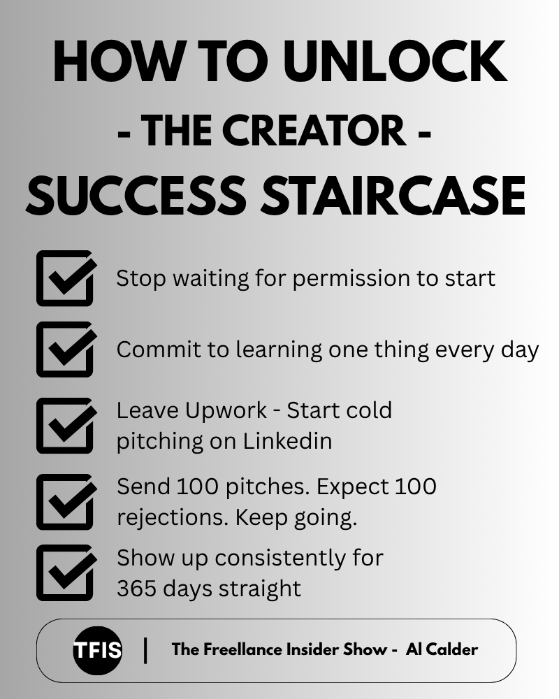 Checlist titled how to unlock the creator success staircase with the following checklist items:

1 Stop waiting for permission to start
2 Commit to learning one thing every day
3 Leave Upwork - start cold pitching on Linkedin
4 Send 100 pitches. Epect 100 rejections. Keep going.
5 Show up consistently for 365 days straight